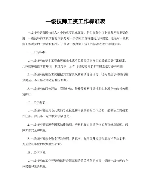 一级技师工资工作标准表