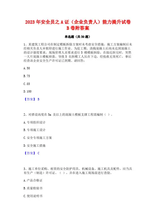 2023年安全员之A证(企业负责人)能力提升试卷B卷附答案