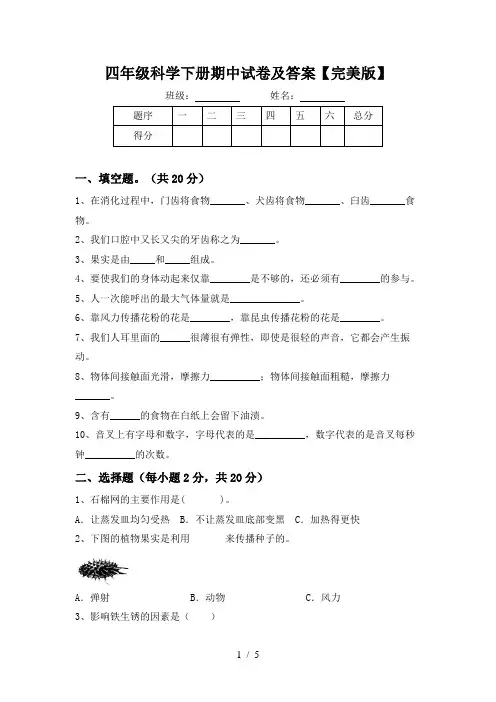 四年级科学下册期中试卷及答案【完美版】