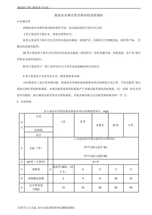 最新地表水水域分类及相应的水质指标