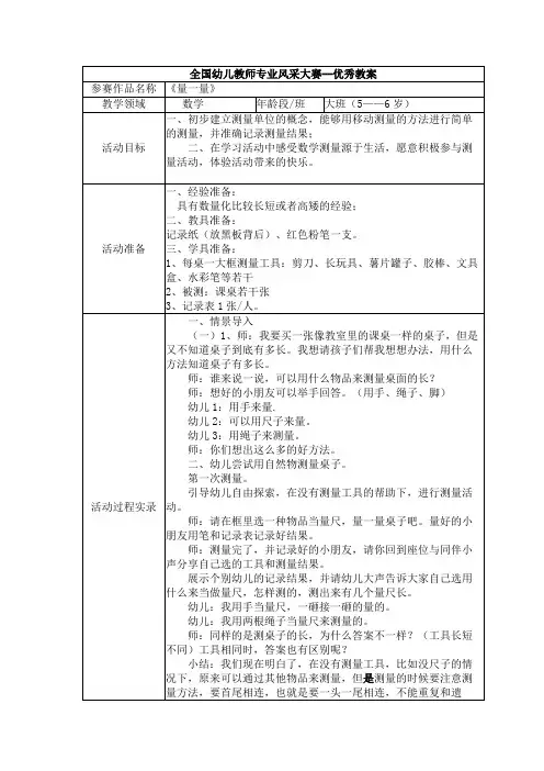 省级优秀幼儿园教案-大班数学《量一量》
