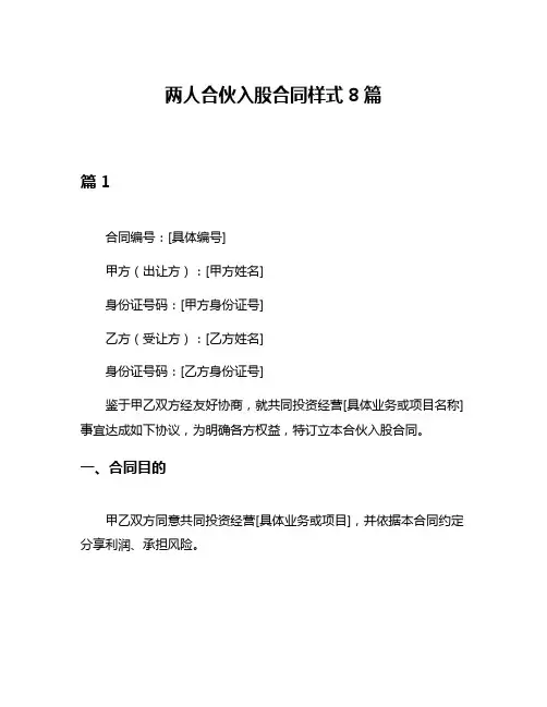 两人合伙入股合同样式8篇