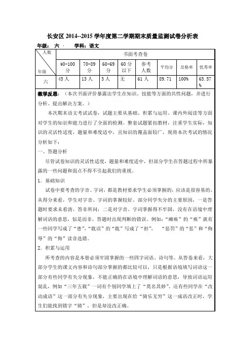 试卷分析表(六年级)