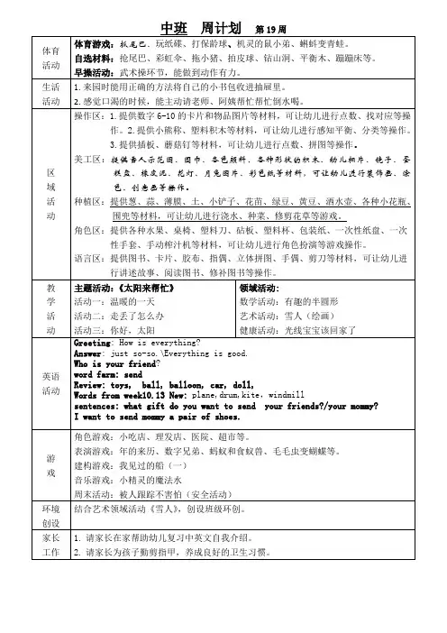 幼儿园班级周计划第19周