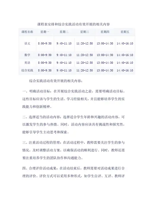 课程表(a4版,可多页)安排和综合实践活动有效开展的相关内容