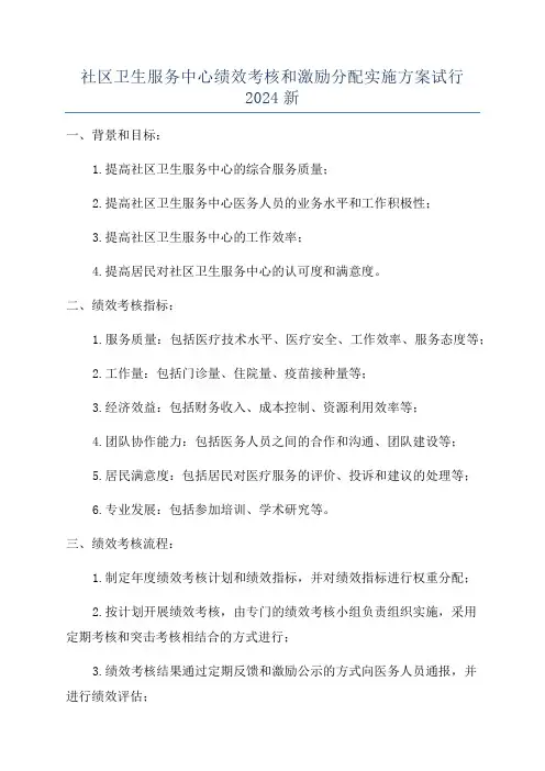 社区卫生服务中心绩效考核和激励分配实施方案试行2024新