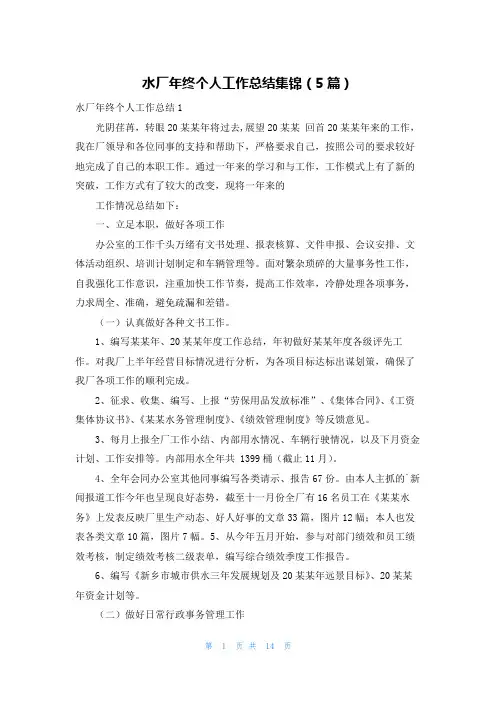 水厂年终个人工作总结集锦(5篇)