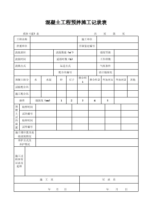 混凝土工程预拌施工记录表模板