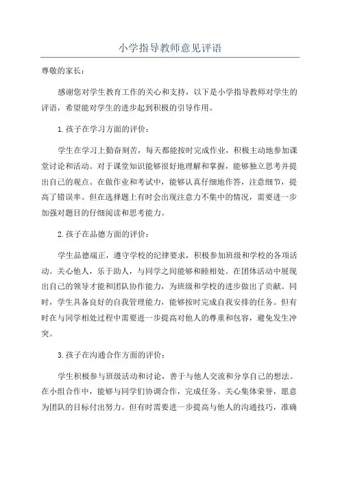 小学指导教师意见评语