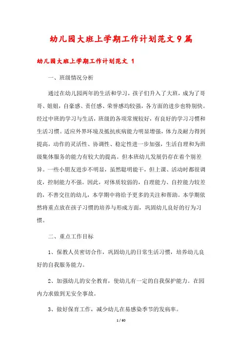 幼儿园大班上学期工作计划范文9篇