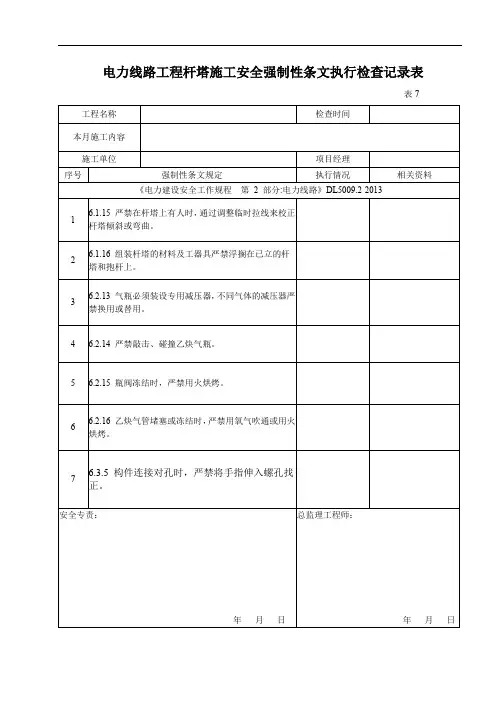 电力线路工程杆塔施工安全强制性条文执行检查记录表