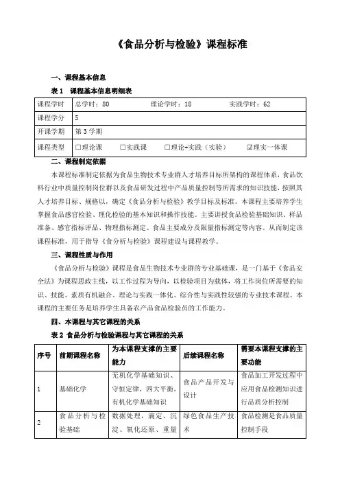 《食品分析与检验》课程标准(含课程思政)