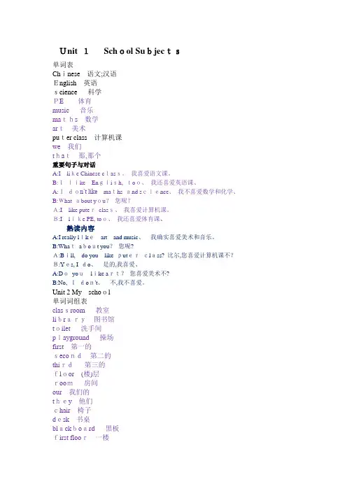 三年级下册英语重点内容新起点小学 版 人教版