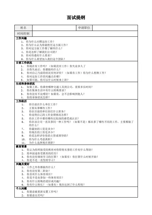 面试提纲及评价(实用型)