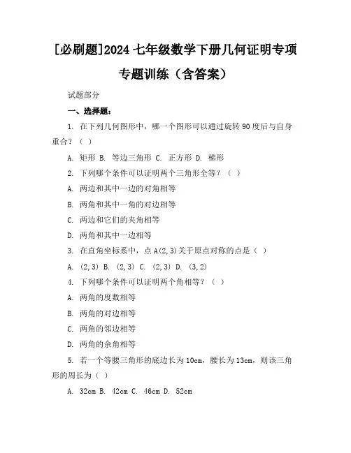 [必刷题]2024七年级数学下册几何证明专项专题训练(含答案)