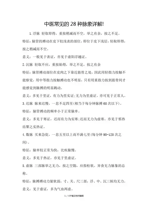 中医常见的28种脉象详解