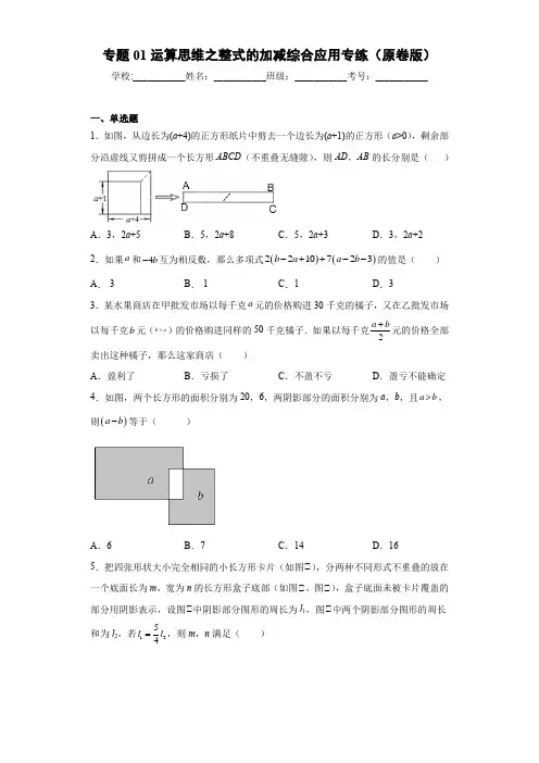 2023学年浙江七年级数学上学期专题训练专题01 运算思维之整式的加减综合应用(含详解)