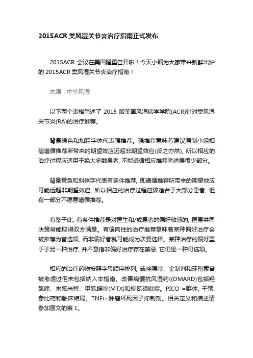 2015ACR类风湿关节炎治疗指南正式发布