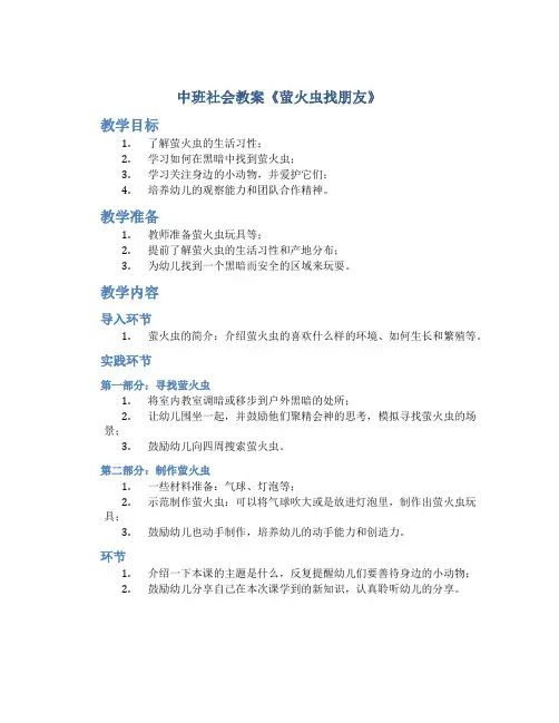 中班社会教案《萤火虫找朋友》