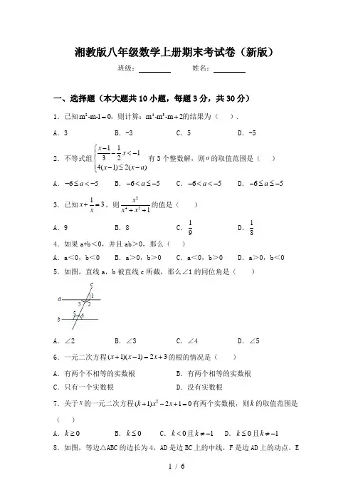 湘教版八年级数学上册期末考试卷(新版)