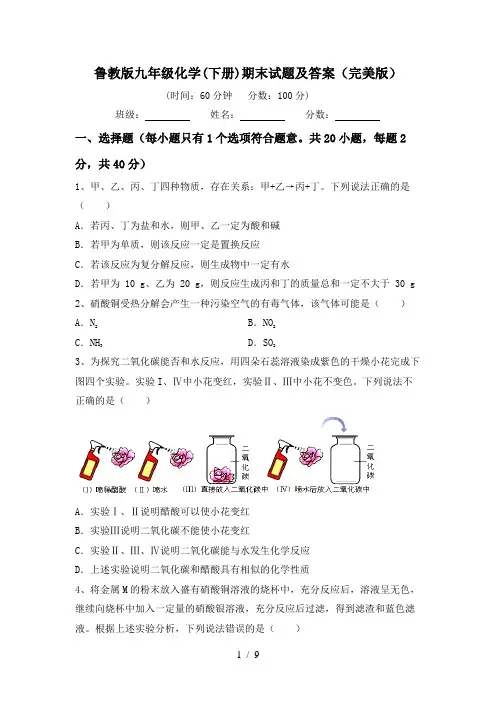 鲁教版九年级化学(下册)期末试题及答案(完美版)