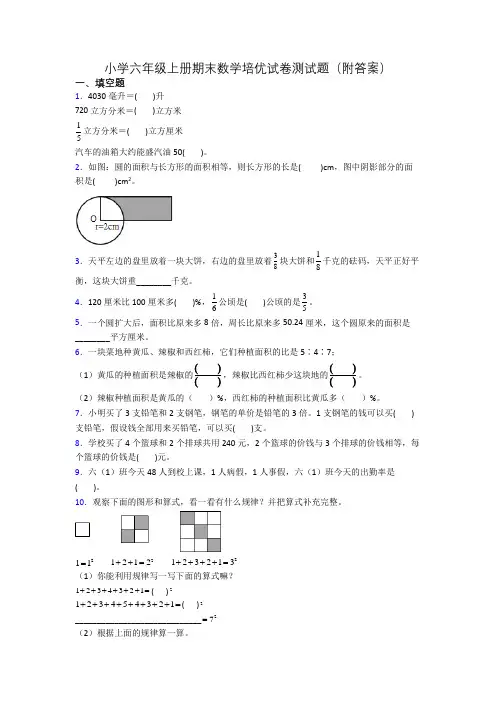 小学六年级上册期末数学培优试卷测试题(附答案)