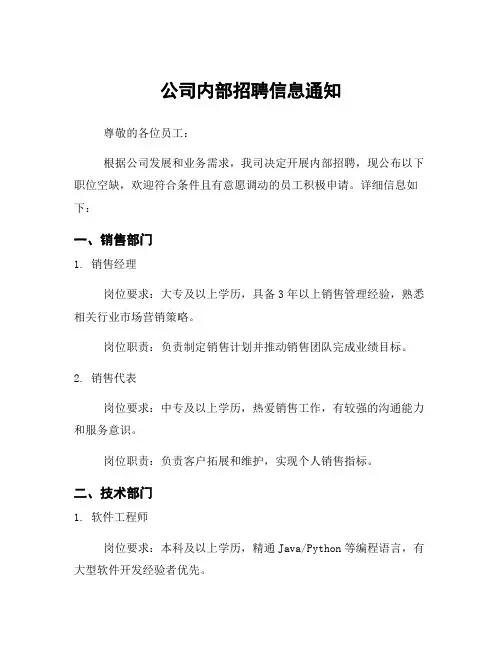 公司内部招聘信息通知