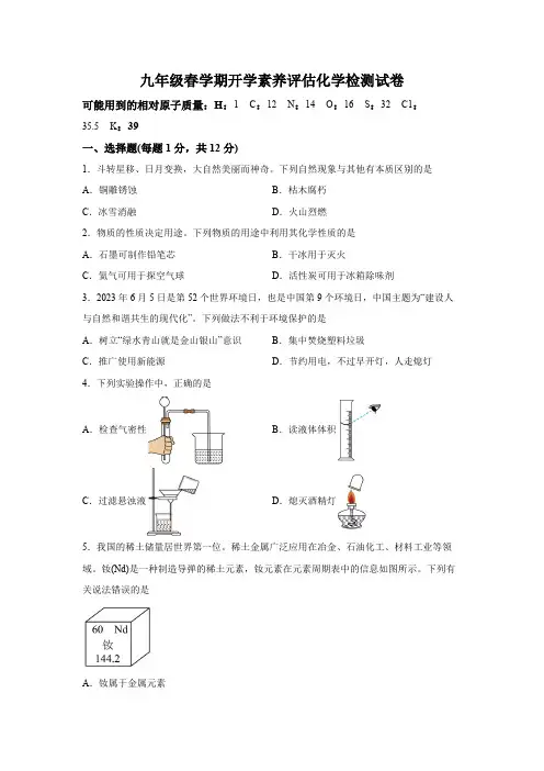 安徽省六安市轻工中学2023-2024学年九年级下学期2月份月考化学试题(含解析)