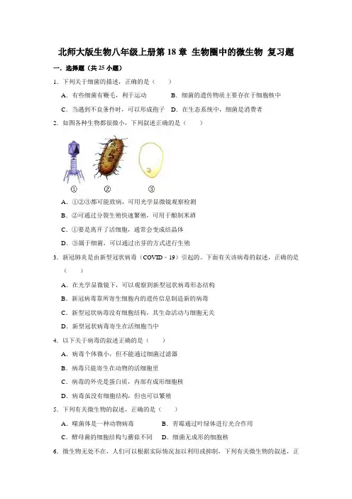 北师大版生物八年级上册第18章 生物圈中的微生物 复习题