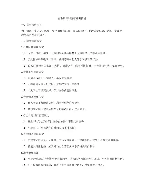 宿舍规章制度管理表模板