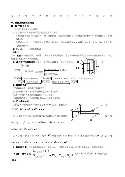 高中数学立体几何知识点归纳总结