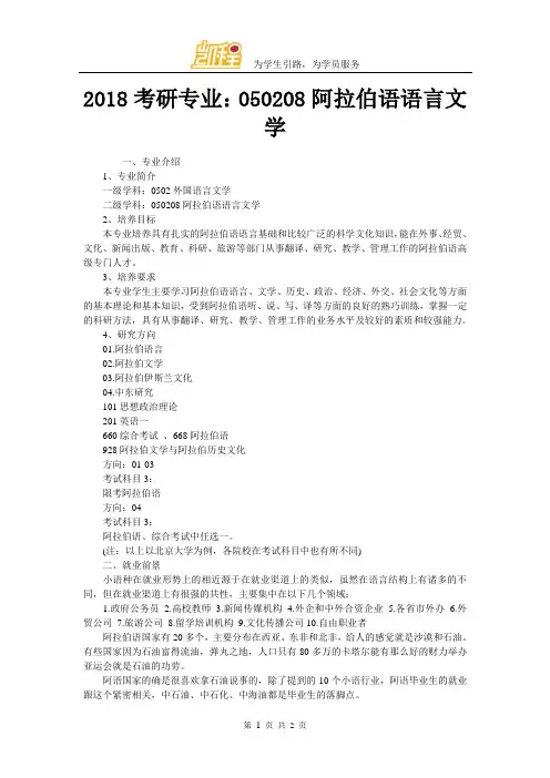 2018考研专业：050208阿拉伯语语言文学