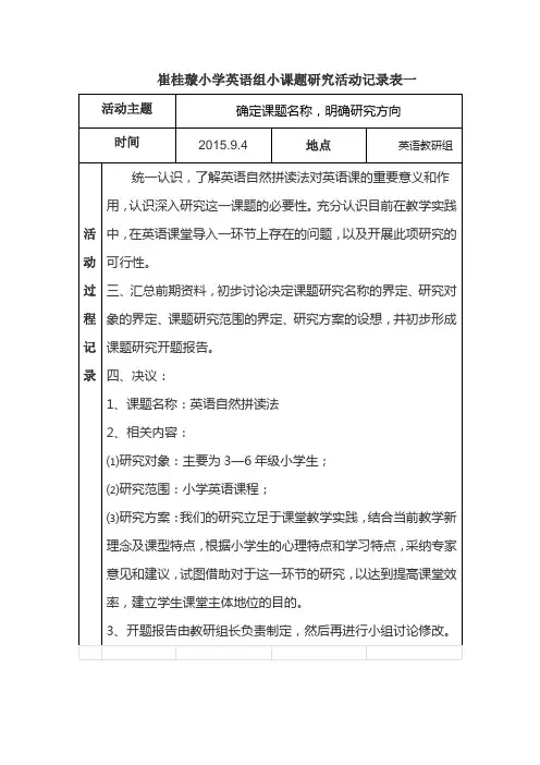 小学英语课题研究研究组活动记录