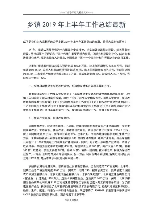 2019年最新乡镇上半年工作总结推荐工作总结文档【六篇】
