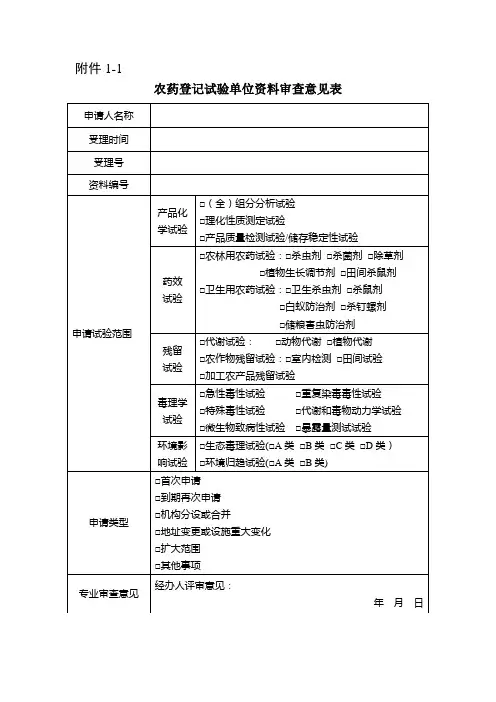 农药登记试验单位现场检查综合评审意见表