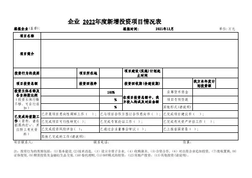 企业 2022年度新增投资项目情况表