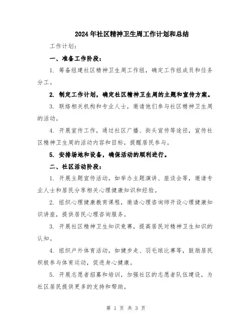2024年社区精神卫生周工作计划和总结