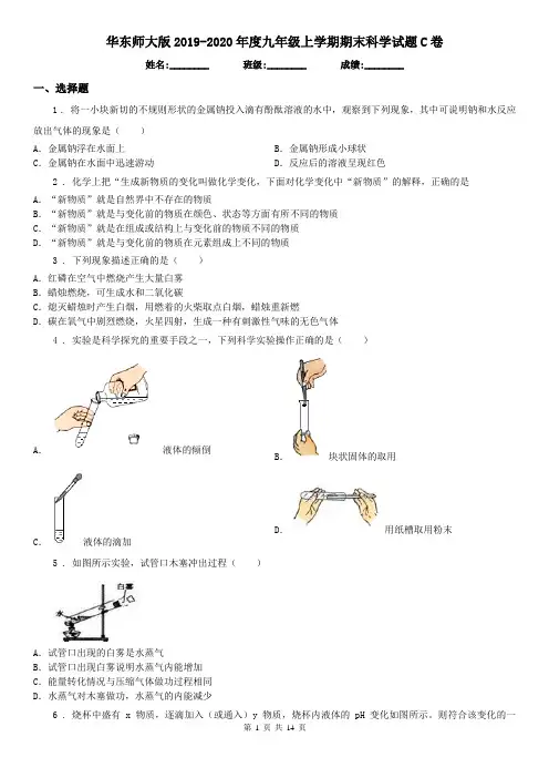 华东师大版2019-2020年度九年级上学期期末科学试题C卷(模拟)