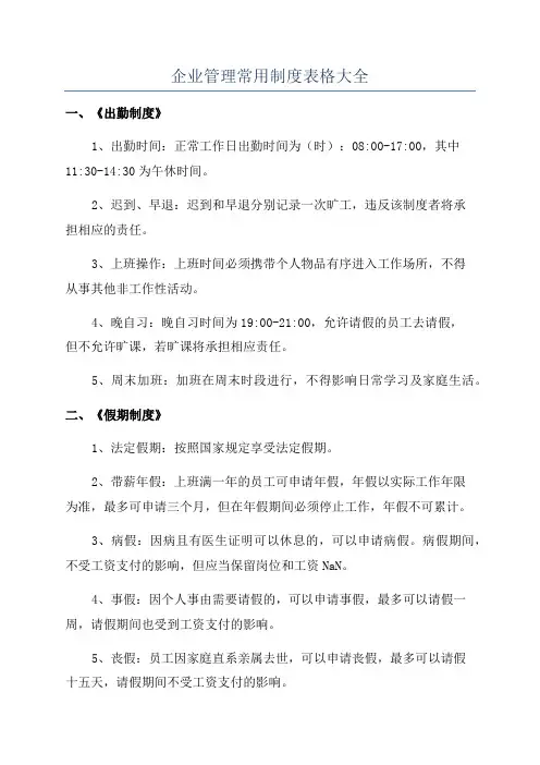 企业管理常用制度表格大全