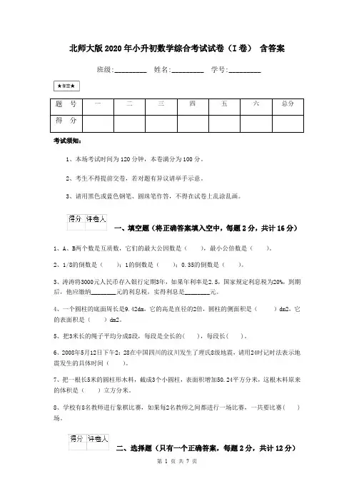 北师大版2020年小升初数学综合考试试卷(I卷) 含答案