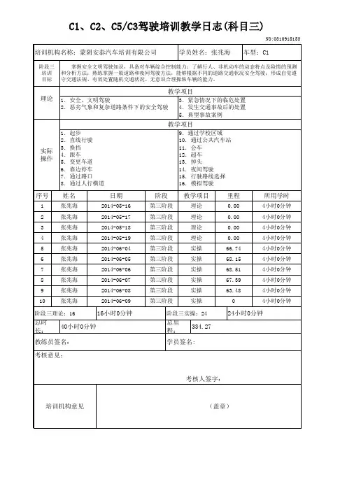 C1、C2、C5C3驾驶培训教学日志