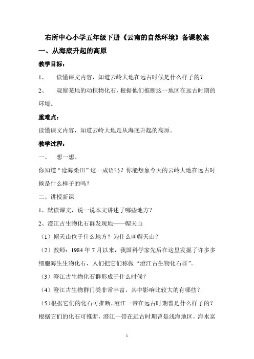 五年级《云南的自然环境》教案资料