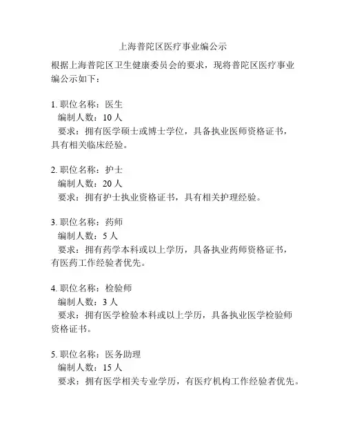 上海普陀区医疗事业编公示
