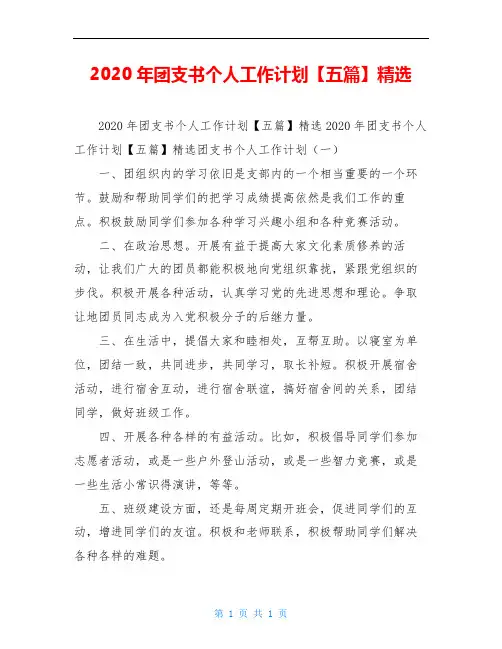 2020年团支书个人工作计划【五篇】精选