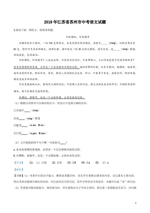 《中考真题》江苏省苏州市2019年中考语文试题(解析)