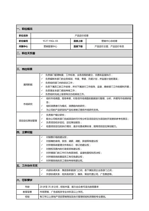 岗位说明书-产品定价经理