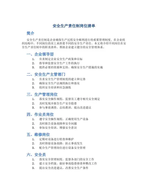安全生产责任制岗位清单