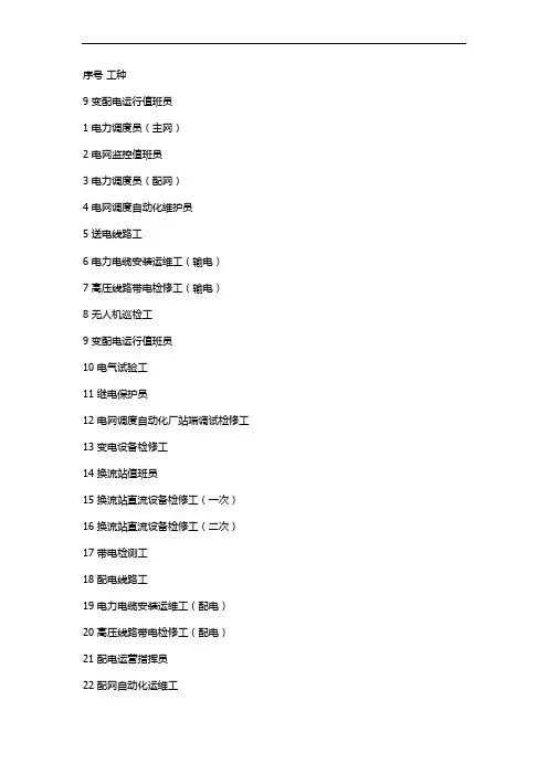 电力行业工种