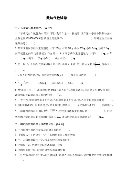 人教版2019-2020学年六年级数学第二学期数与代数试题 (含答案)