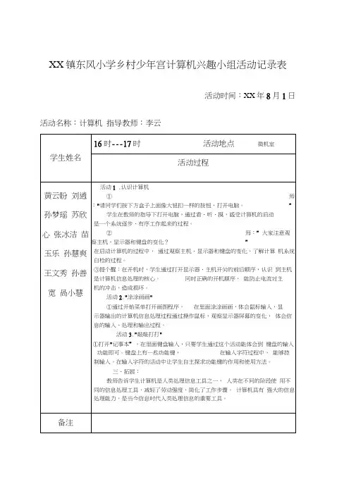 小学乡村少年宫计算机兴趣小组活动记录表